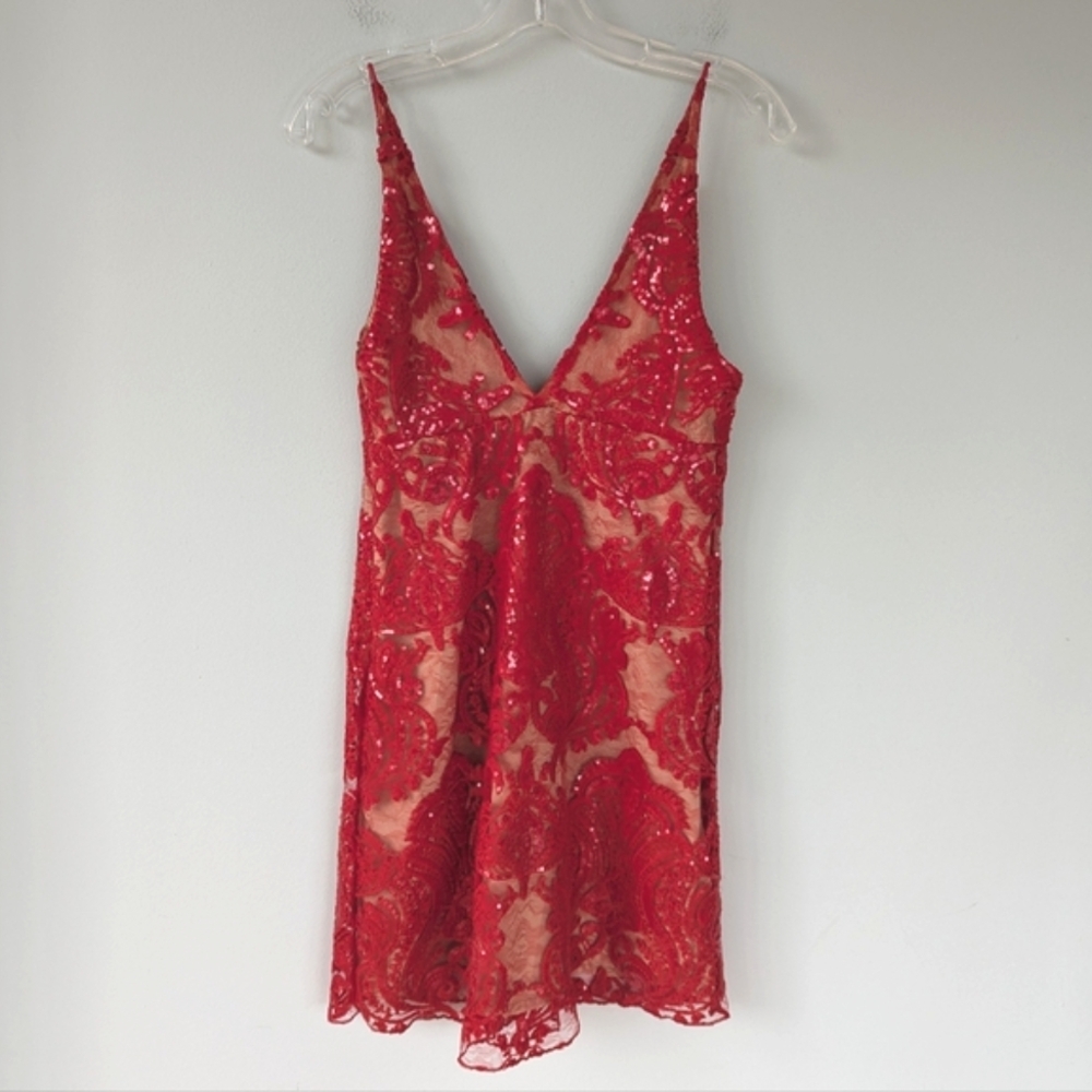 Free People Night Shimmers Red Sequin & Lace Mini Dress - Picture 12 of 14